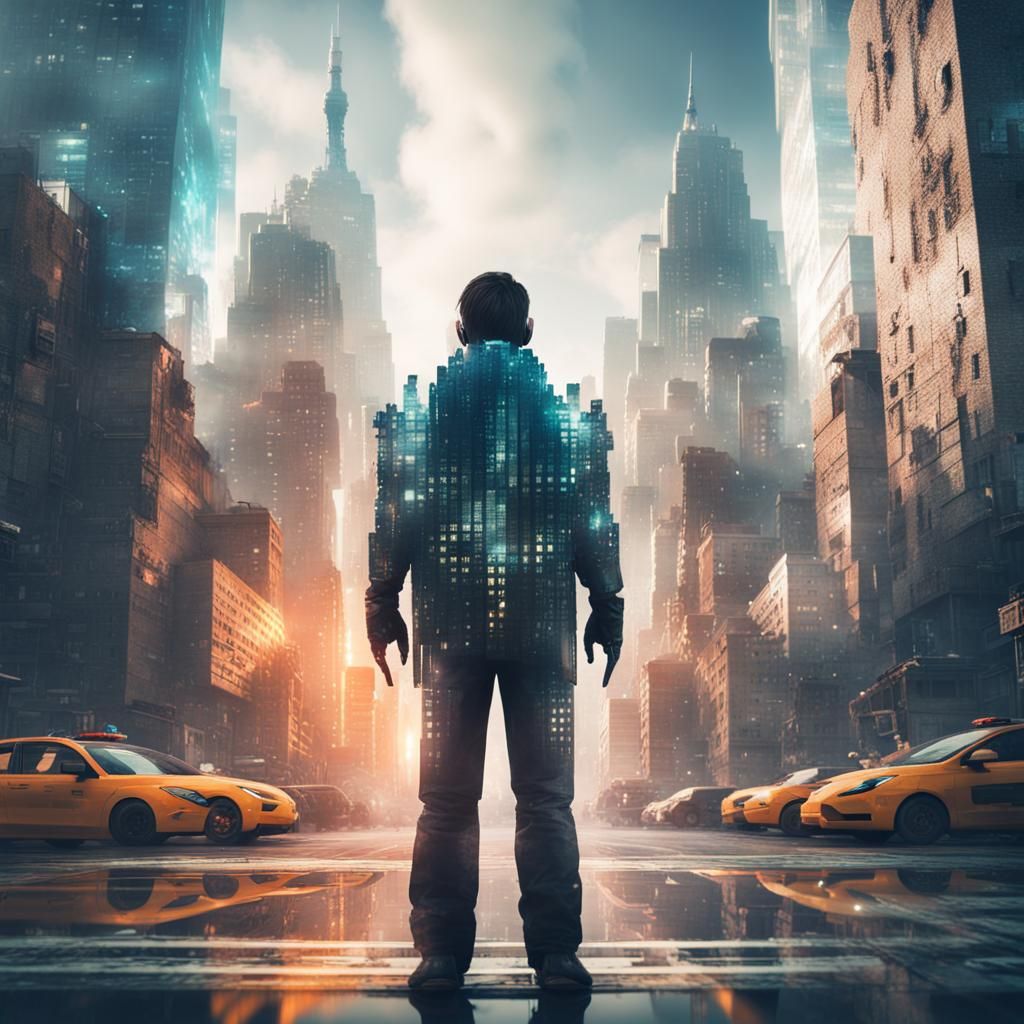 Futuristic Blocky New York City Double Exposure