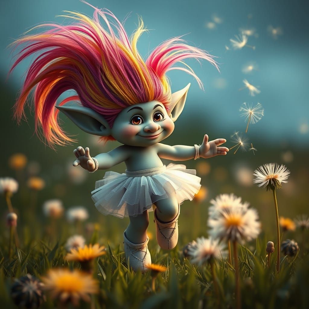 Rainbow Troll Dances in Dandelion Field: Matte Painting