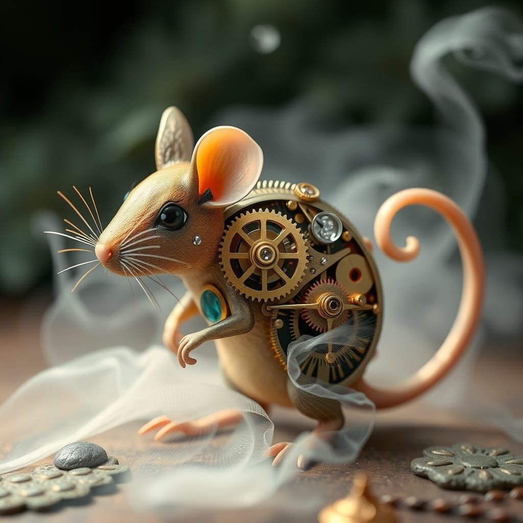 Ethereal Clockwork Mouse in Whimsical Realism
