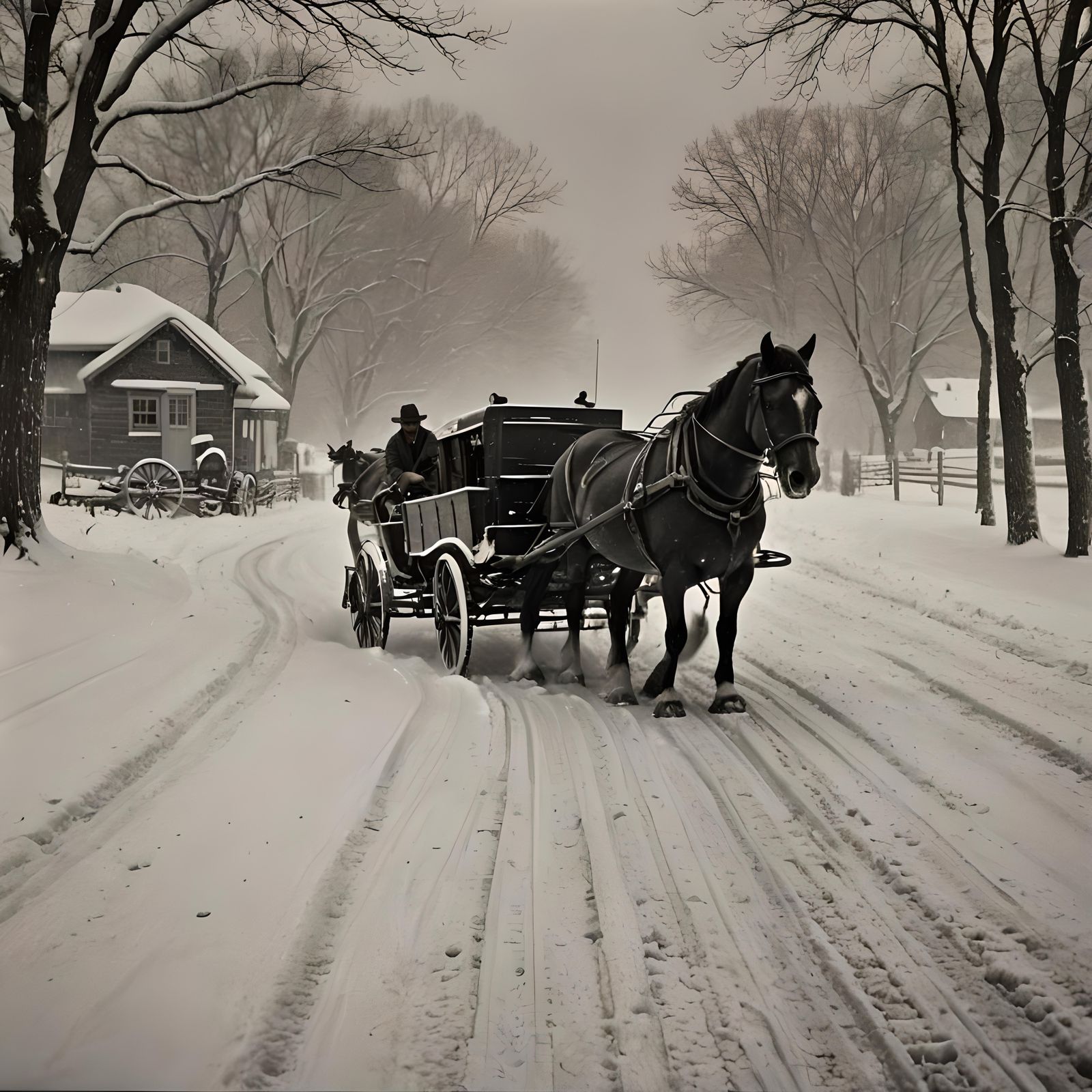 Horse-Drawn Postal Sled in Snowstorm, Black and White Photo