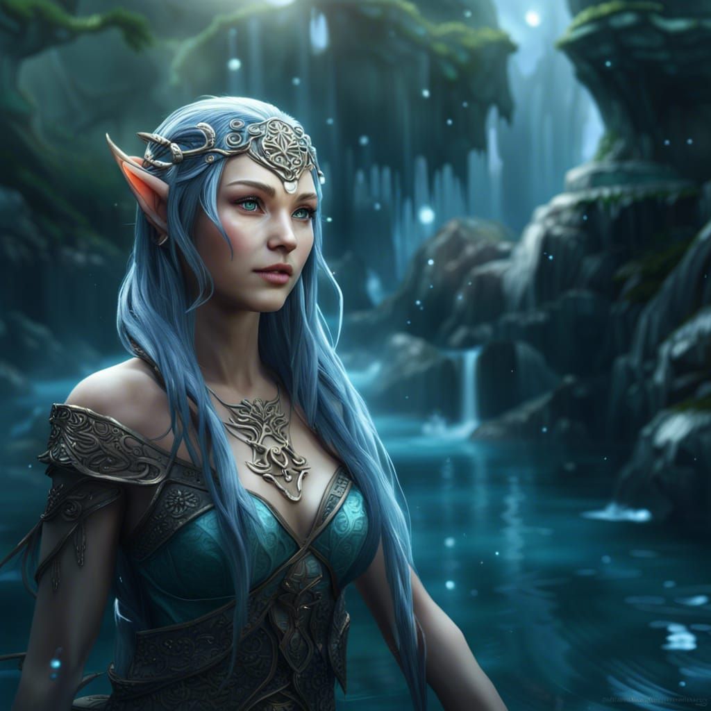 Beautiful Elven Water Spirit in Anime Style