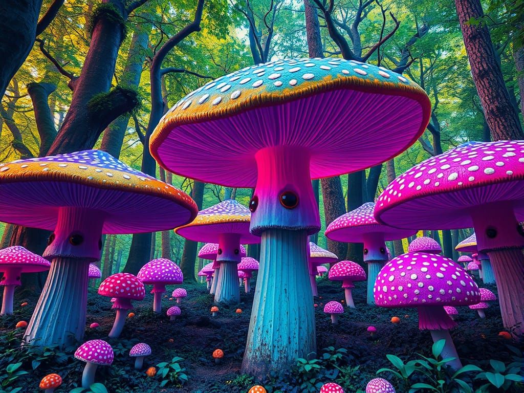 Surreal Mushroom Forest in Vibrant Pop Art Style