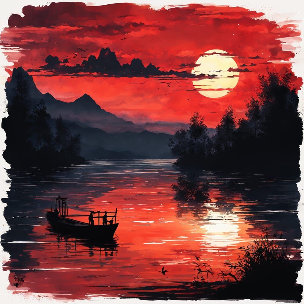 Vibrant Sunset Afloat: A Detailed Fantasy Painting