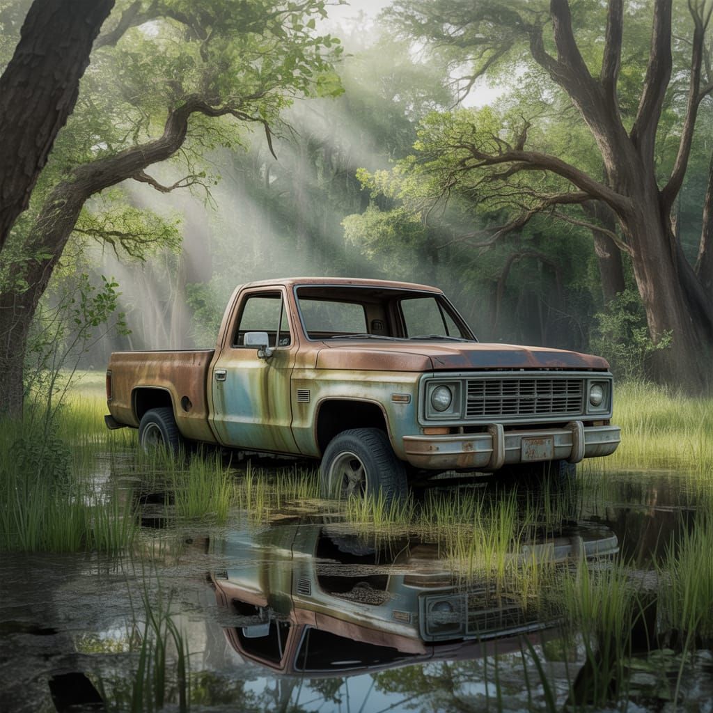 Abandoned Truck in Marsh at Golden Hour