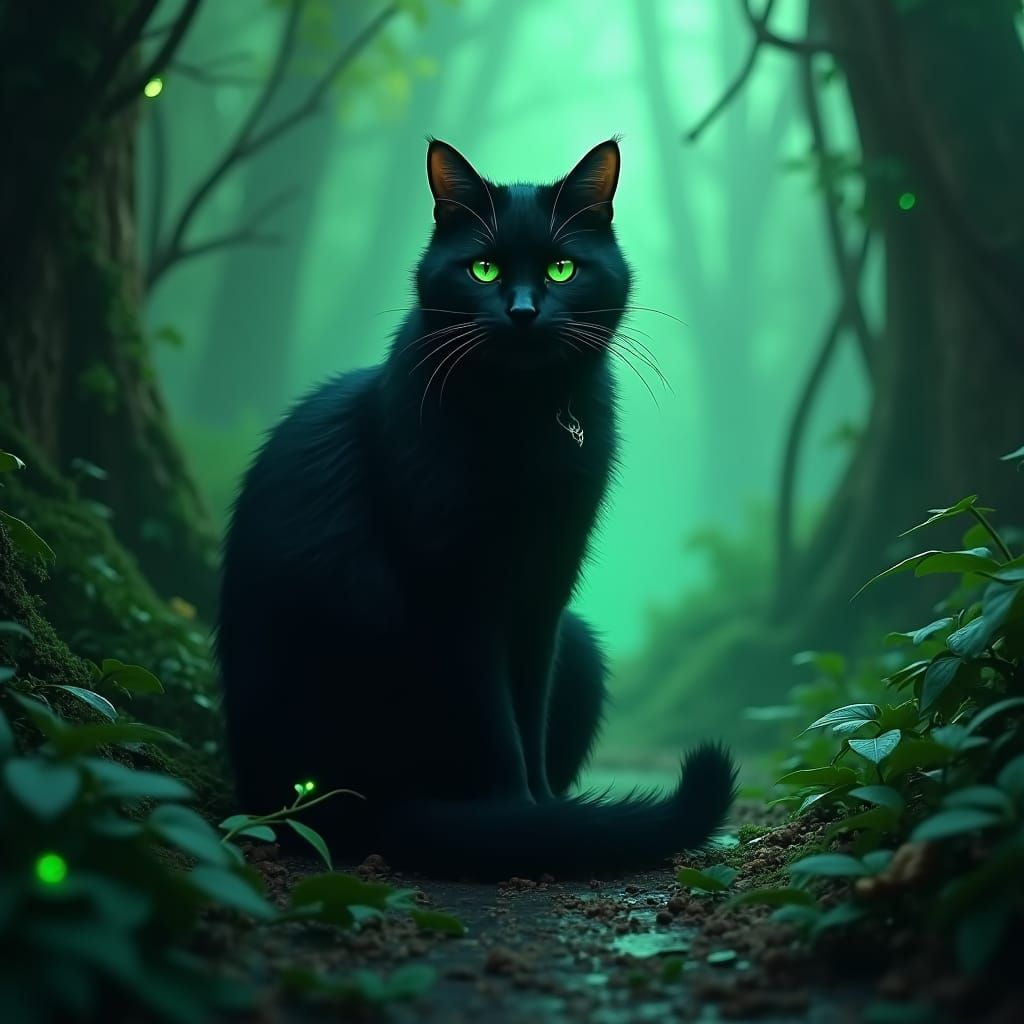 Mysterious Black Cat in Lush Greenery