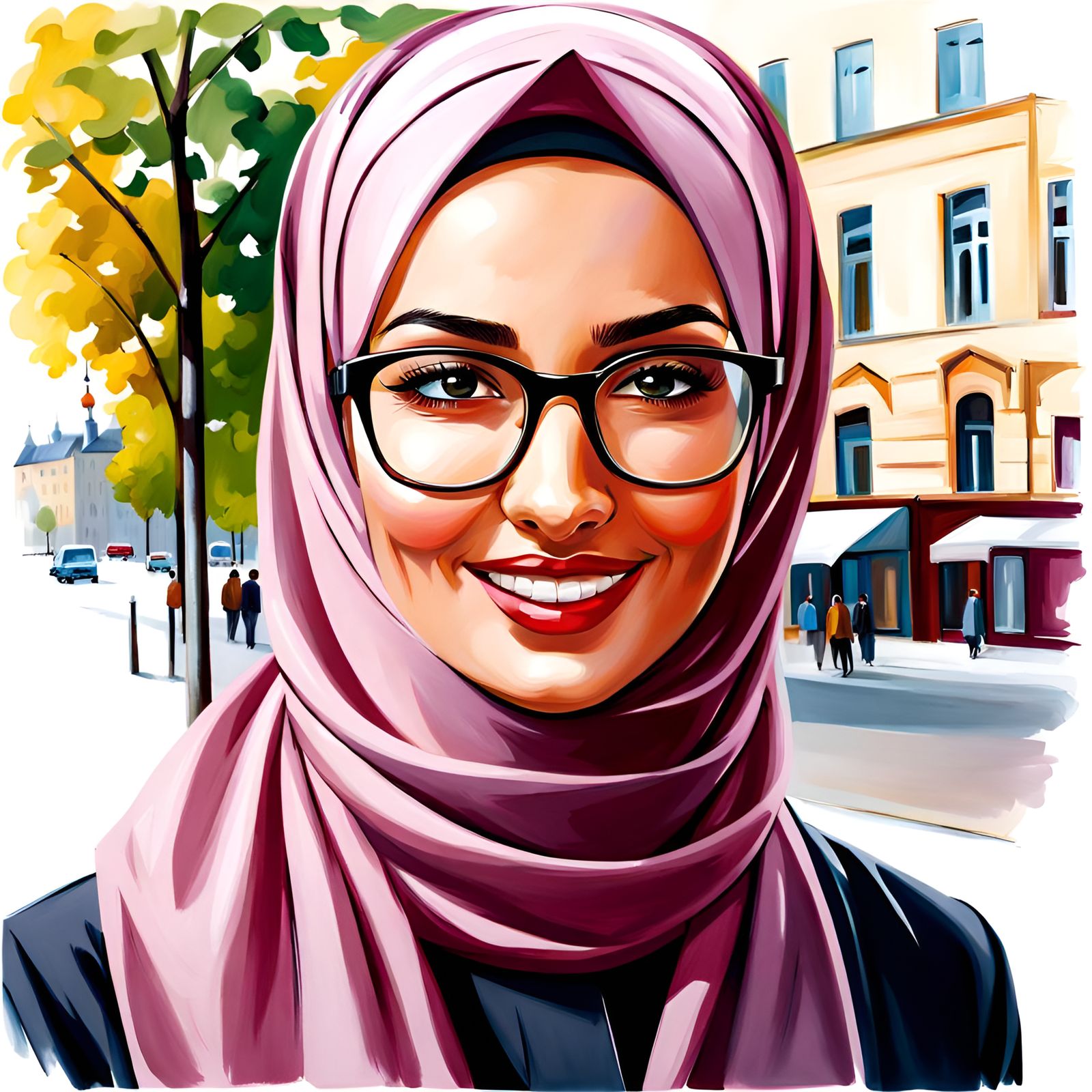 Elegant Woman with Hijab and Glasses in Oil Painting