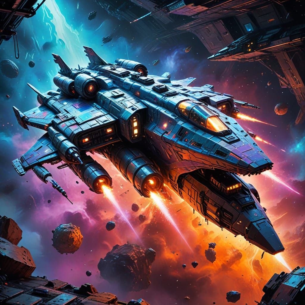 Surreal Cyberpunk Battleship in Vibrant Orbit around Mars