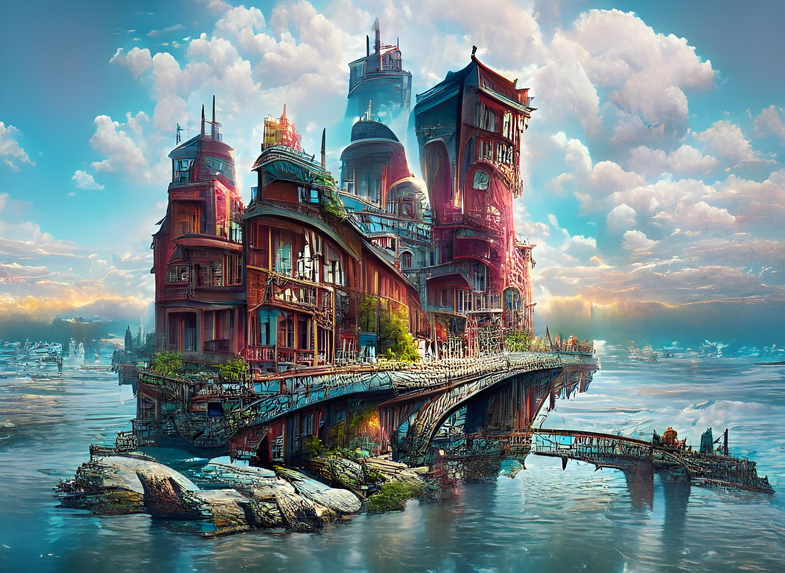Colorful Victorian City Painting: Serene Seaside Fantasy
