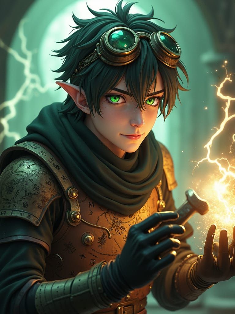 Enigmatic High Elf in Steampunk Regalia, Amidst Arcane Energ...