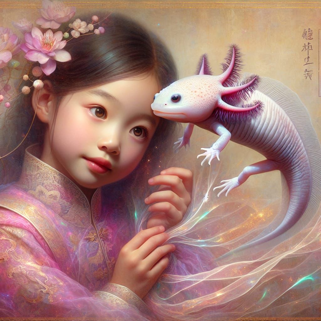 Girl Hugging Axolotl in Surreal Digital Painting