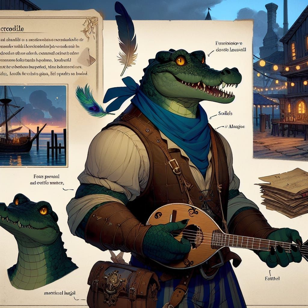 Anthropomorphic Crocodile Bard Character Concept