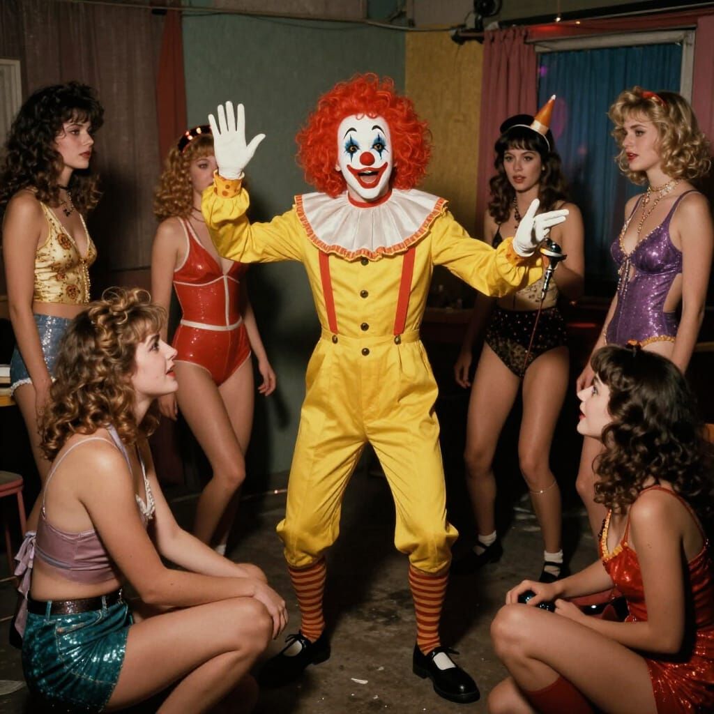 Retrofuturistic Clown Auditions in 80s Cult Film Style
