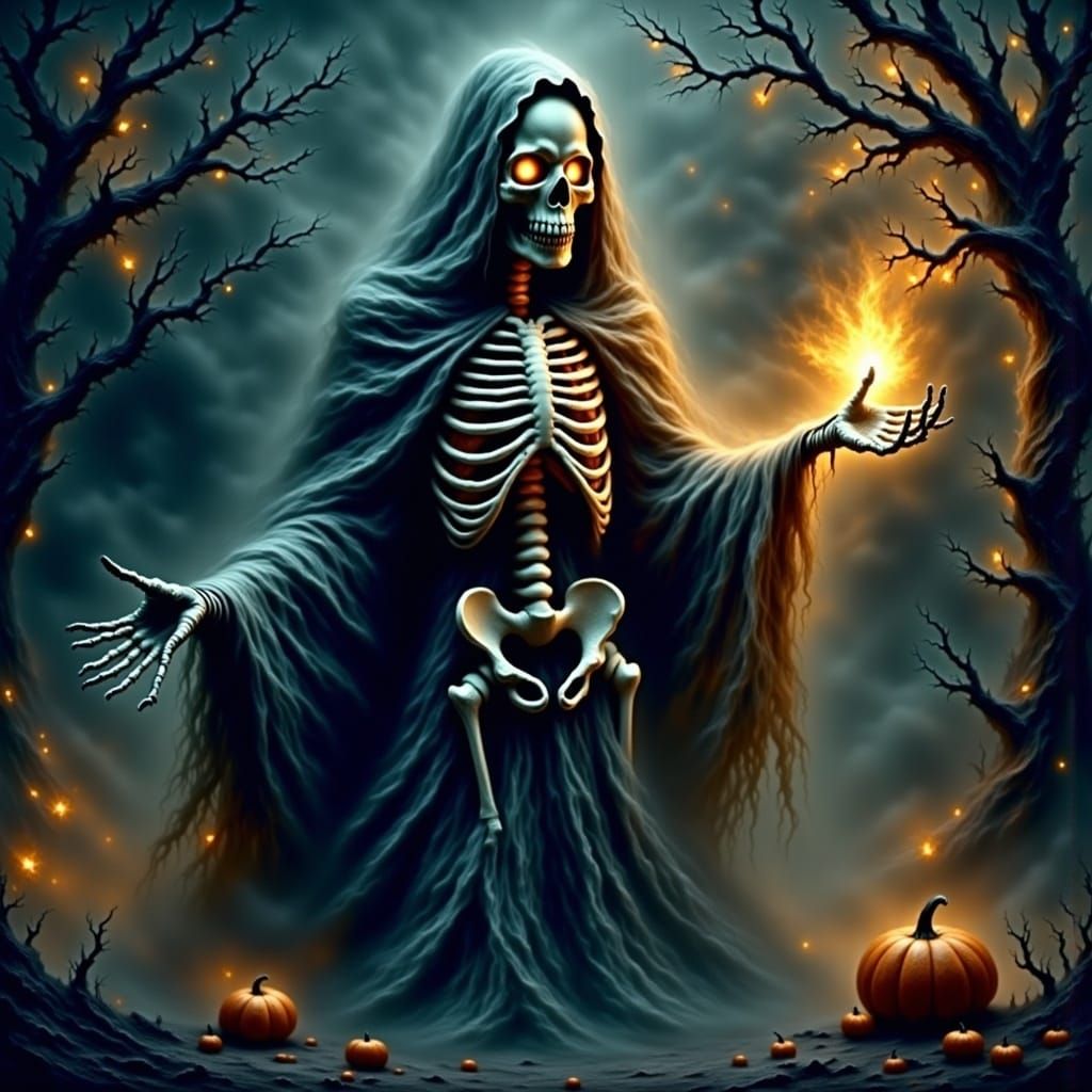 Ominous Skeleton Wizard Casting Spells in Dark Gothic Style