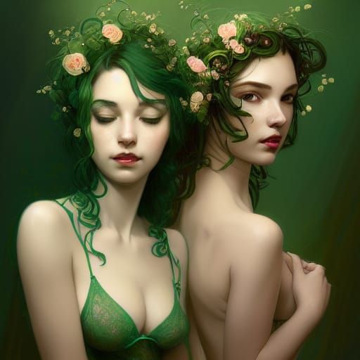 Green-Haired Women Portrait in Hyperdetailed Digital Art