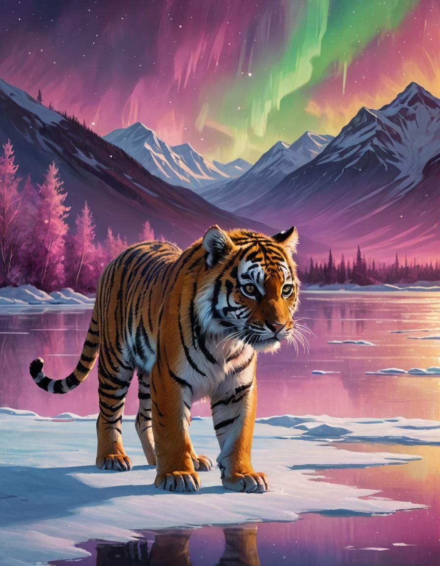 Baby Tiger in Arctic Aurora Fantasy Landscape