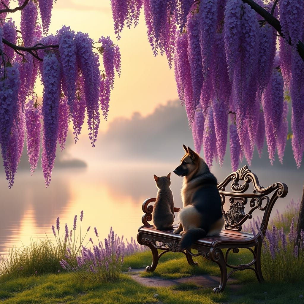 Breezy Sunrise Riverside Scene with Playful Pets