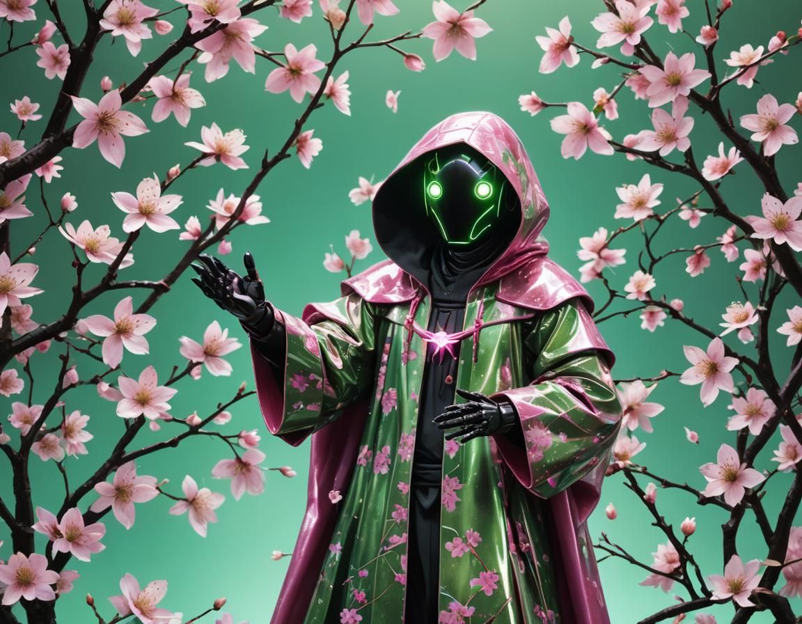 Hooded Robot with Holographic Designs and Blossoms
