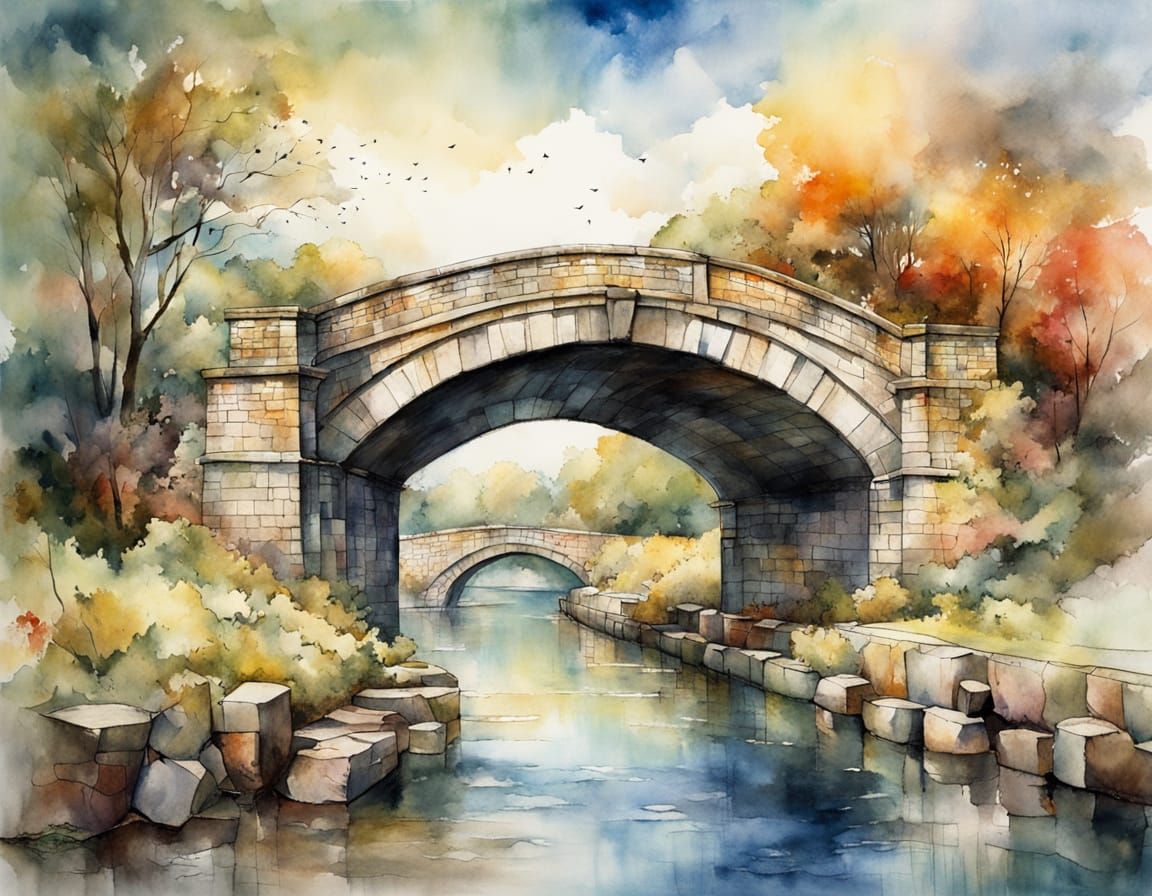 Watercolor and Ink Bridge Over River Scene
