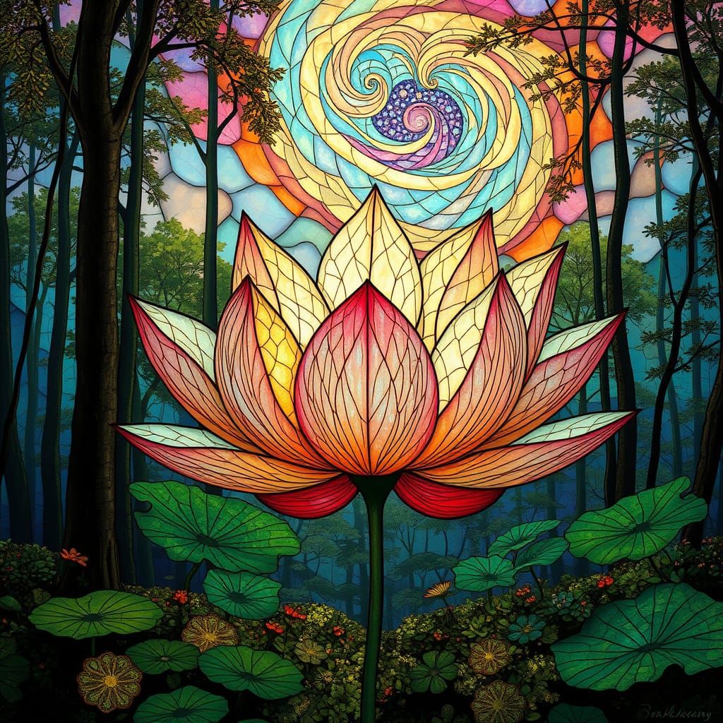 Surreal Forest Sanctuary with Stained Glass Lotus and Swirli...