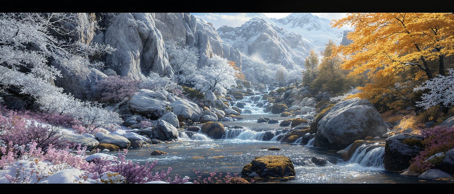 Four Seasons Landscape with Vibrant Stream