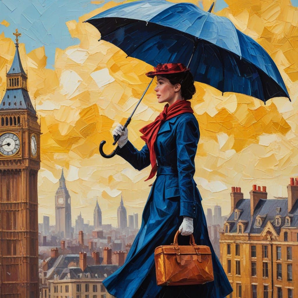 Mary Poppins Soars Over London: Neo-Impressionist Oil Painti...