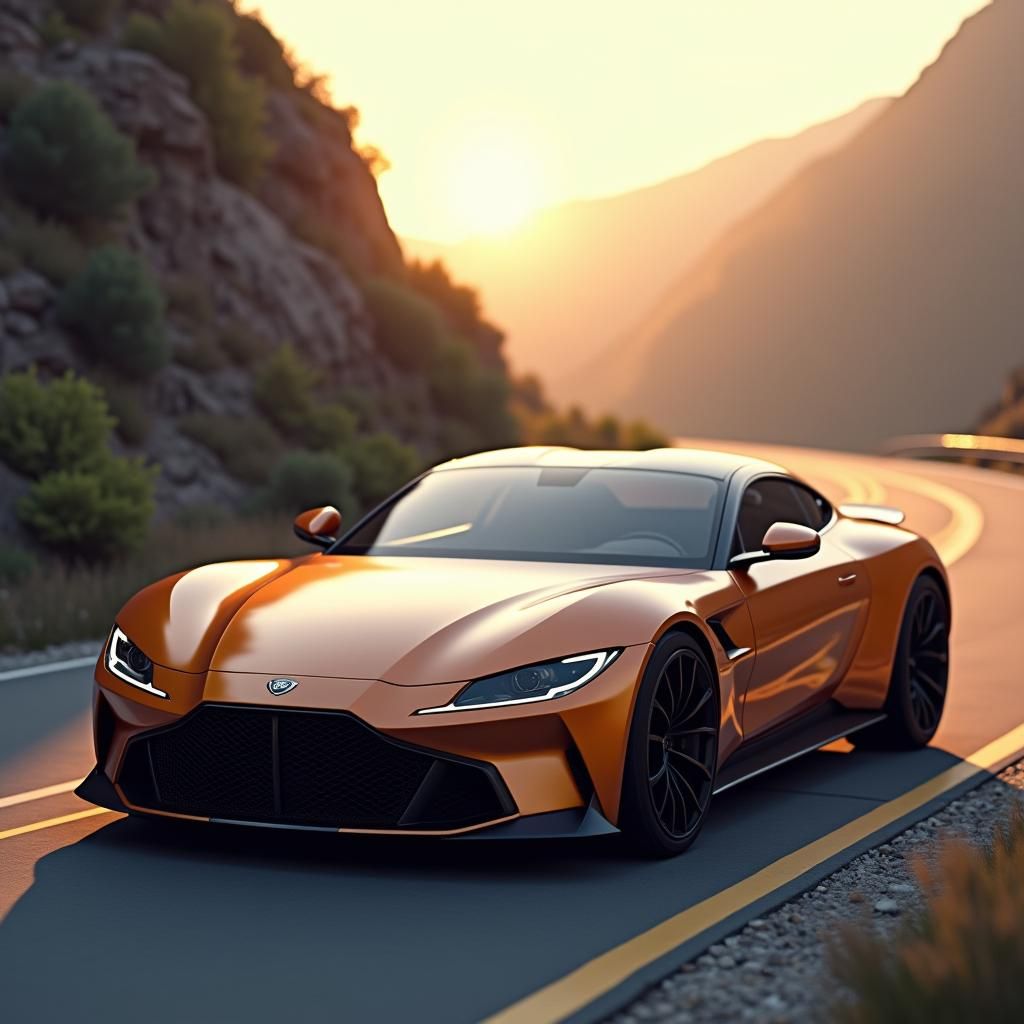 Sleek Sports Car on Mountain Road in Matte Painting Style