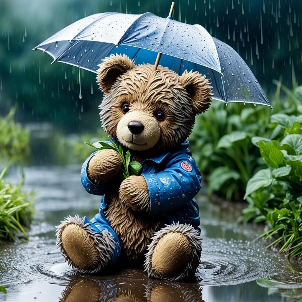 Sad Teddy Bear in Rain Puddle, Luminous Painting