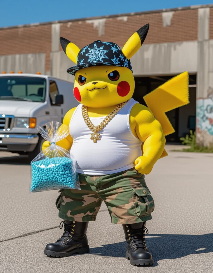 Bodybuilder Pikachu in Parking Lot with Crystal Meth Parcel