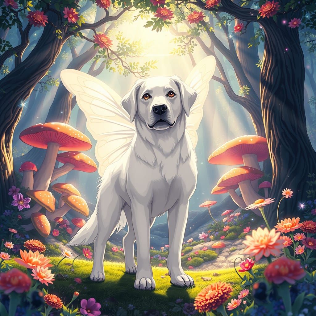 Labrador Retriever and Butterfly Hybrid in Ghibli Style