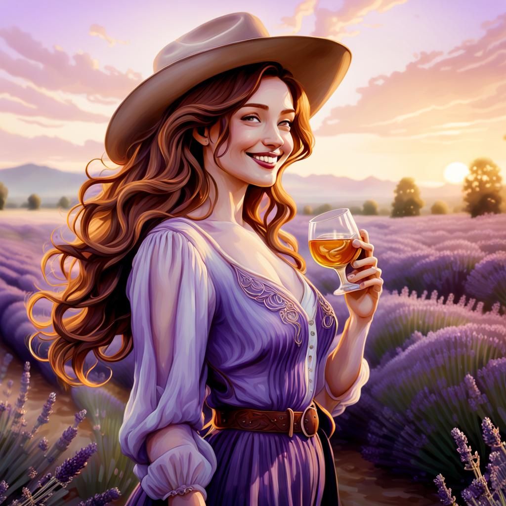Cowgirl in Lavender Field: Art Nouveau Style