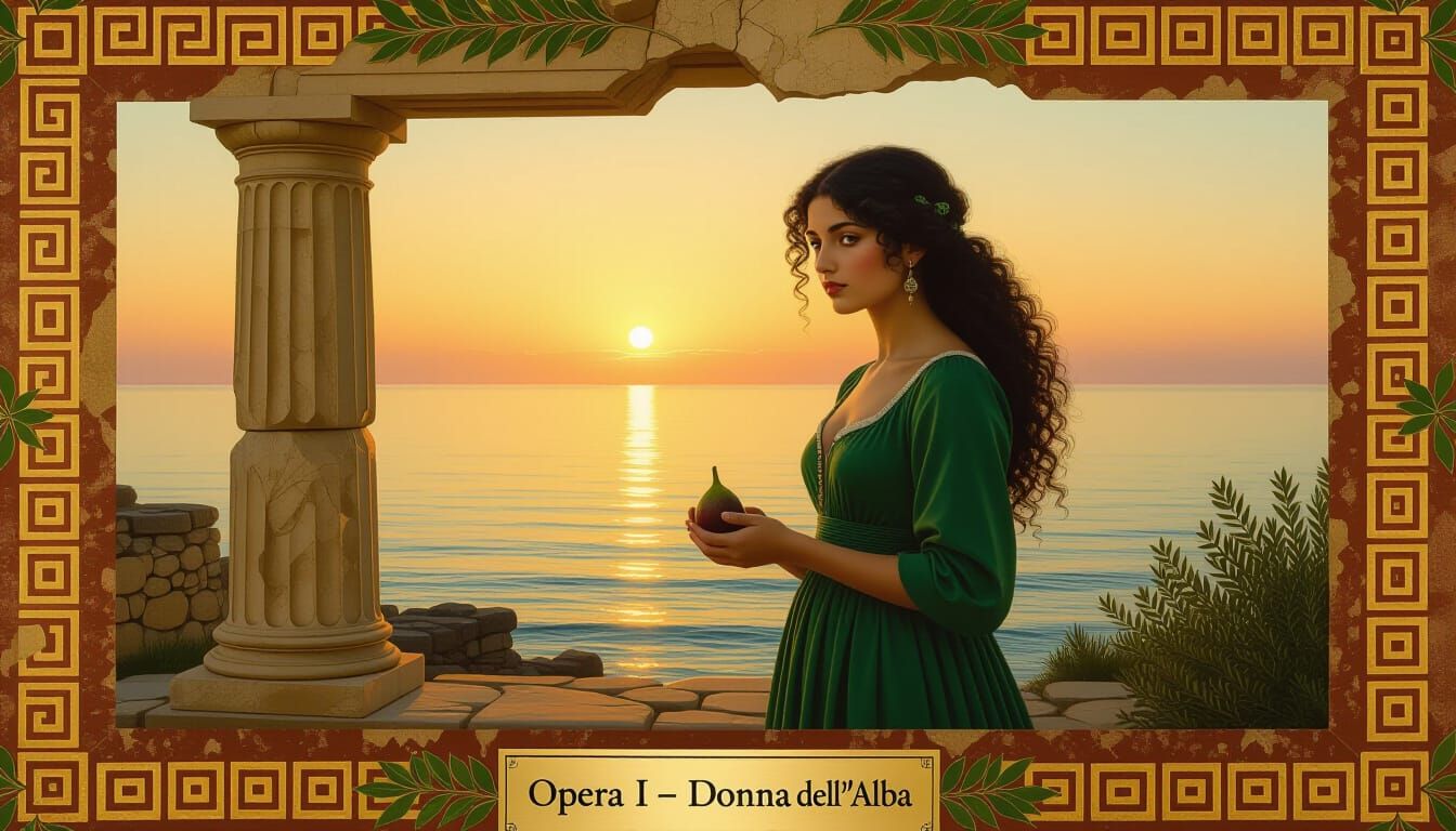 Sicilian Woman in Emerald Dress by Ancient Ruins