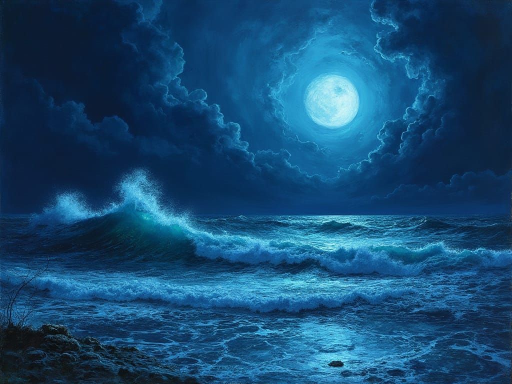 Midnight Moonlit Seascape in Dreamlike, Ethereal Style