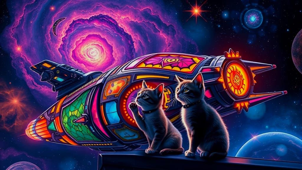Kittens in Cosmic Stained Glass Spaceship