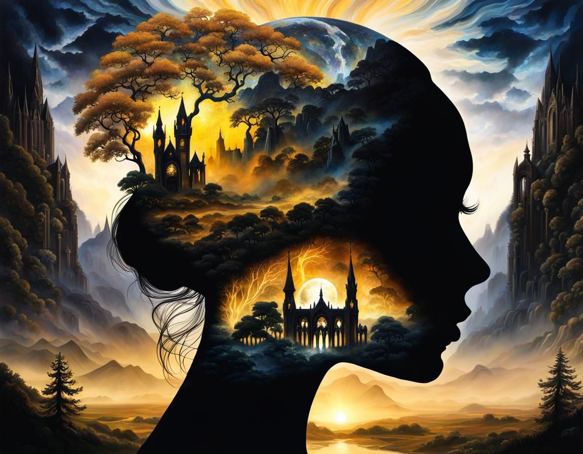 Gothic Double Exposure: Mind Landscape in Silhouette