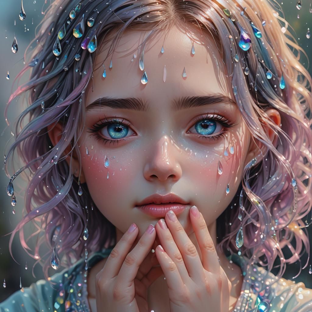 Iridescent Tears: A Sweet Pastel Oil Painting