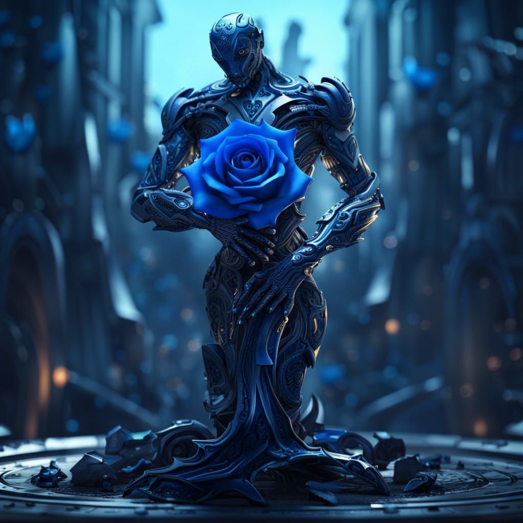 Abstract Metal Man Holding Blue Rose