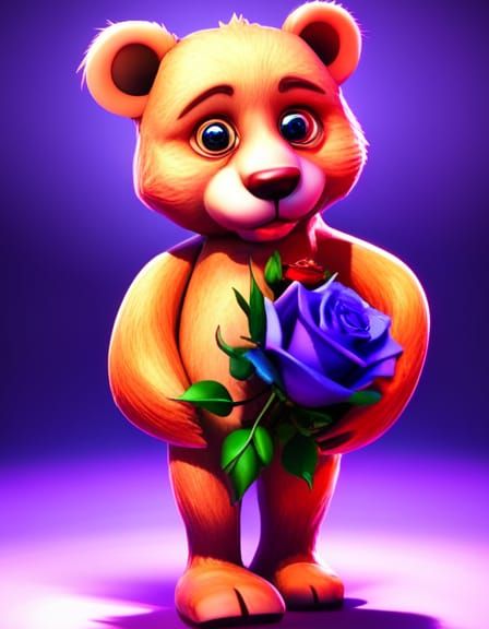 Smiling Teddy Bear with Rose Bouquet as 3D Digital Art