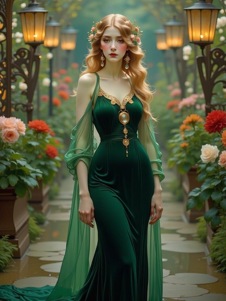 Art Nouveau Beauty in Emerald Velvet