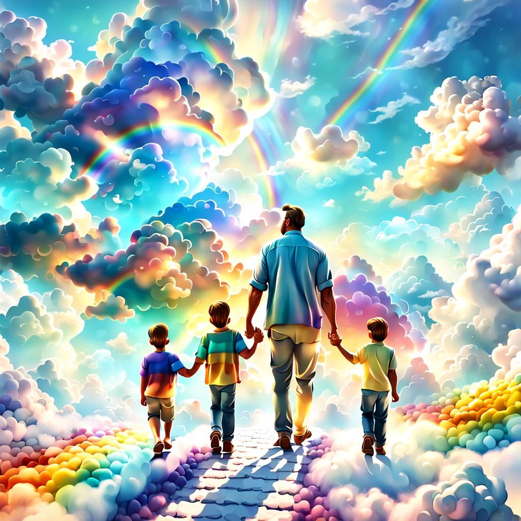 Father and Children Walking on Cloud Path