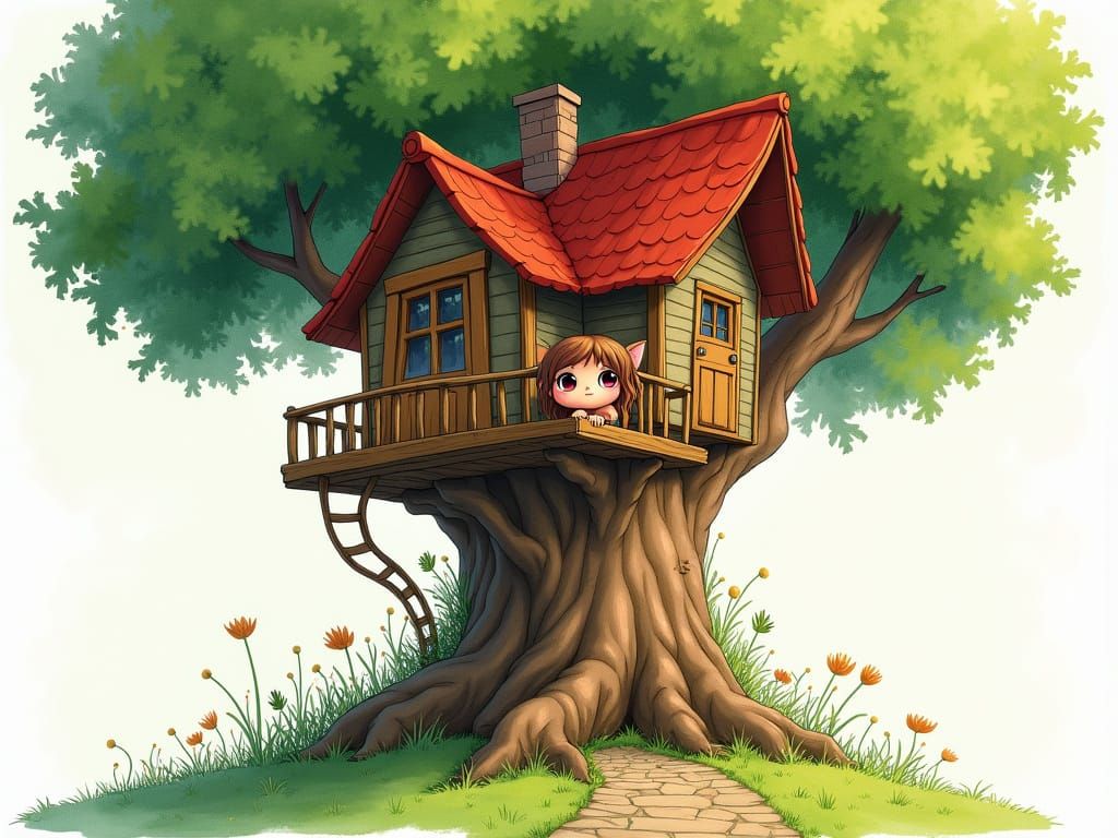 Whimsical Watercolor Pixie Glimpses Through Treehouse Window