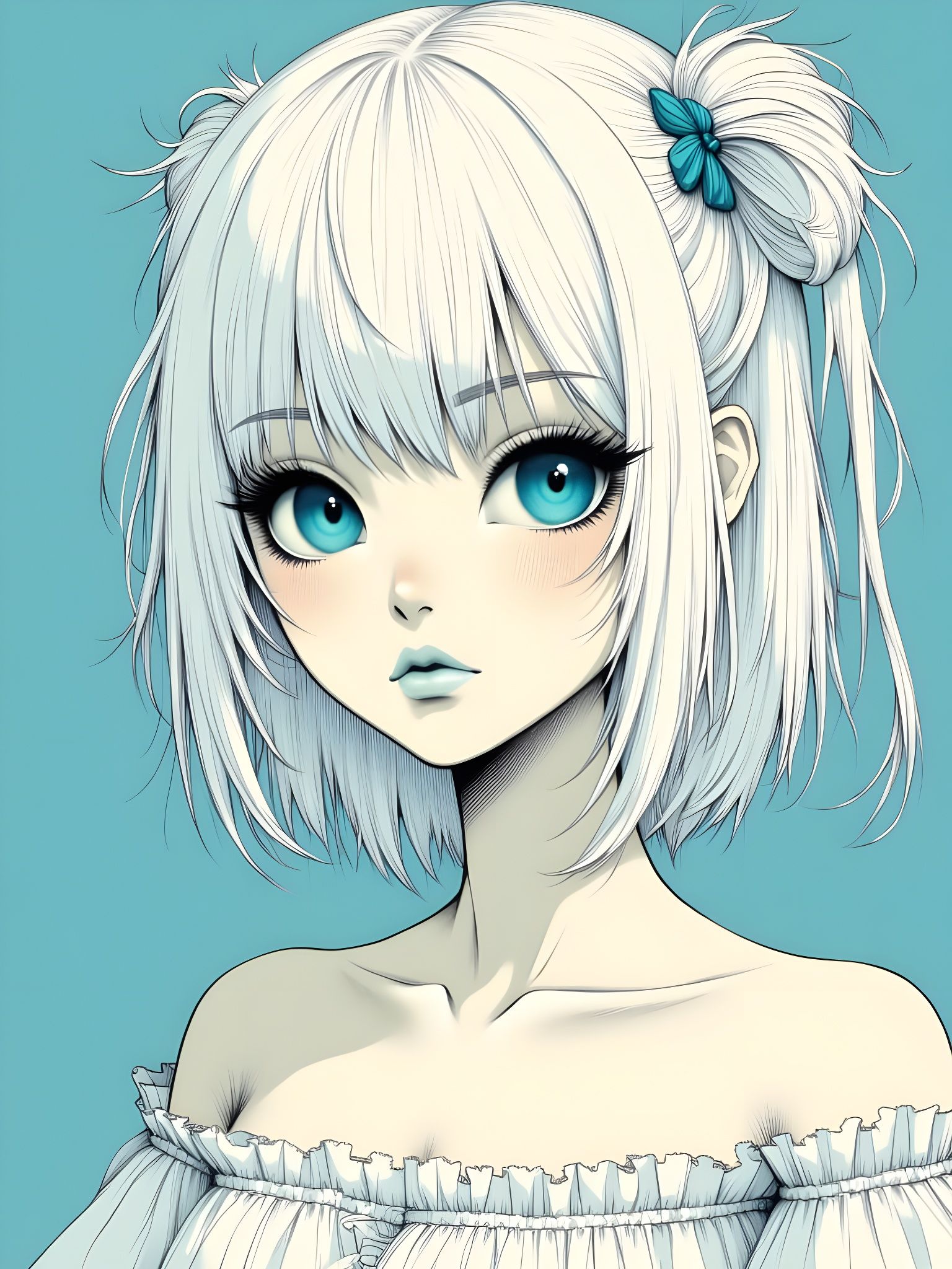 Manga Gothica Girl in White Dress with Blue Accents