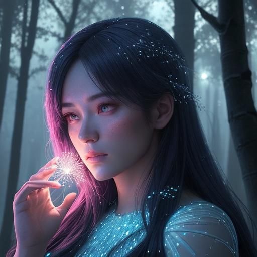 Anime Protagonist in Pointillist Mystical Forest