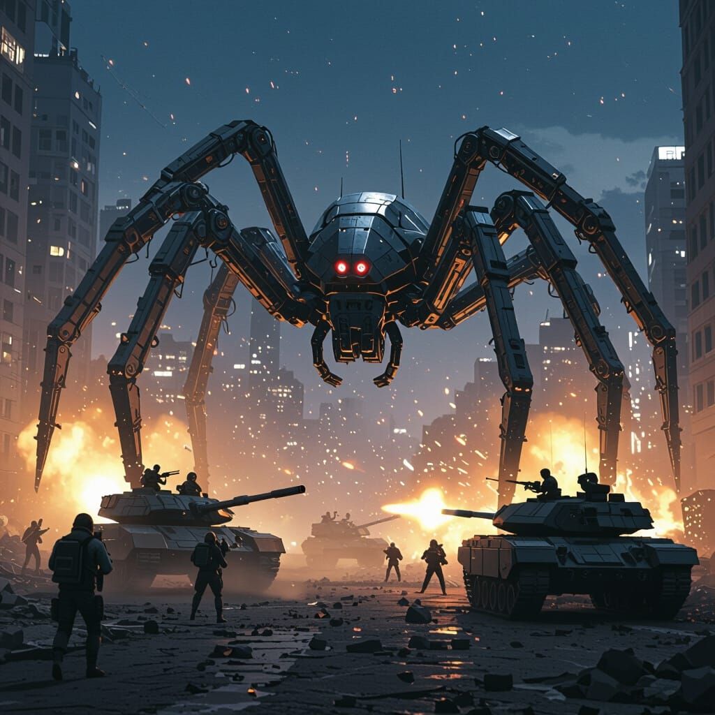 Spider Mech Battles Sci-Fi Forces in Ruined City