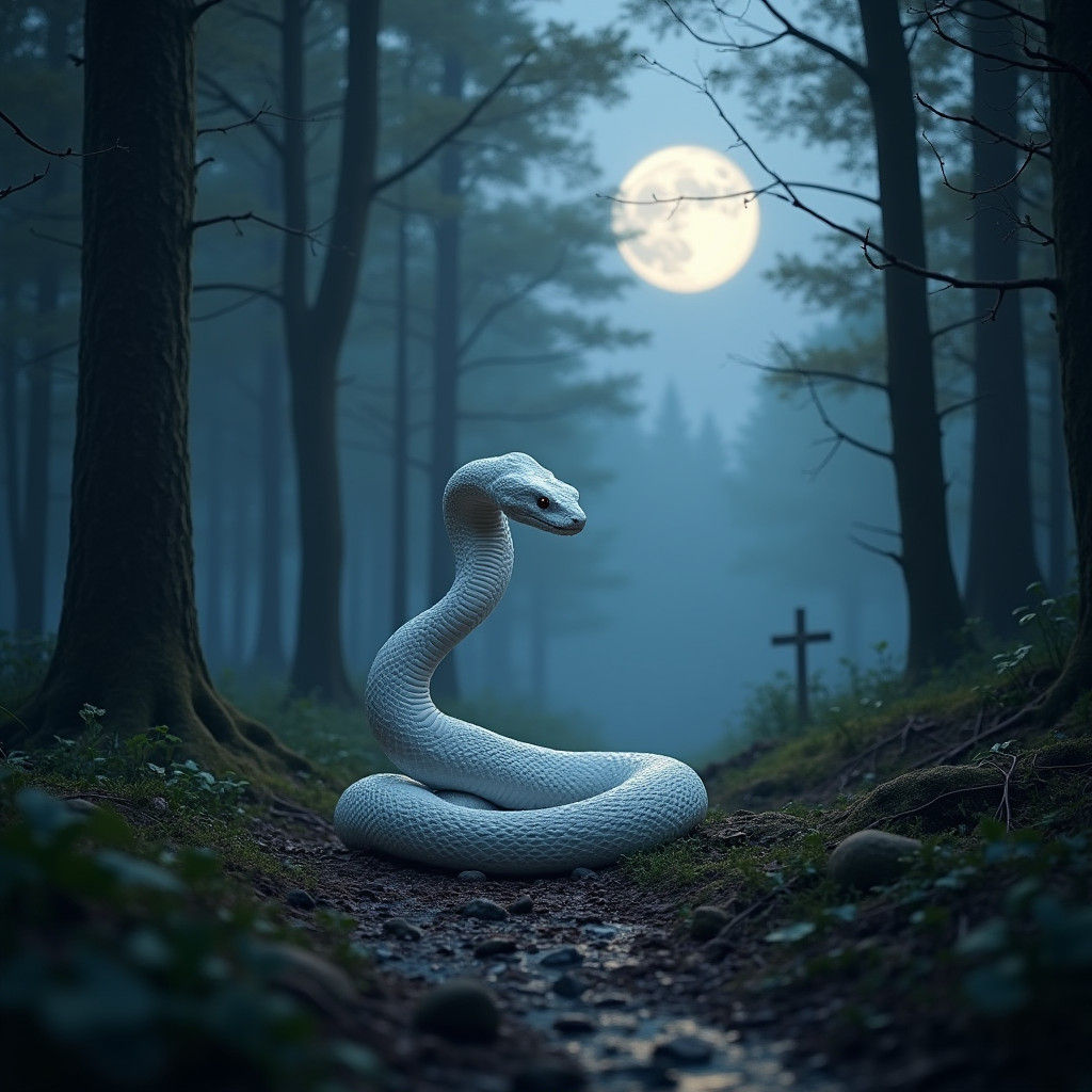 Moonlit White Snake in Forest: Detailed Matte Painting
