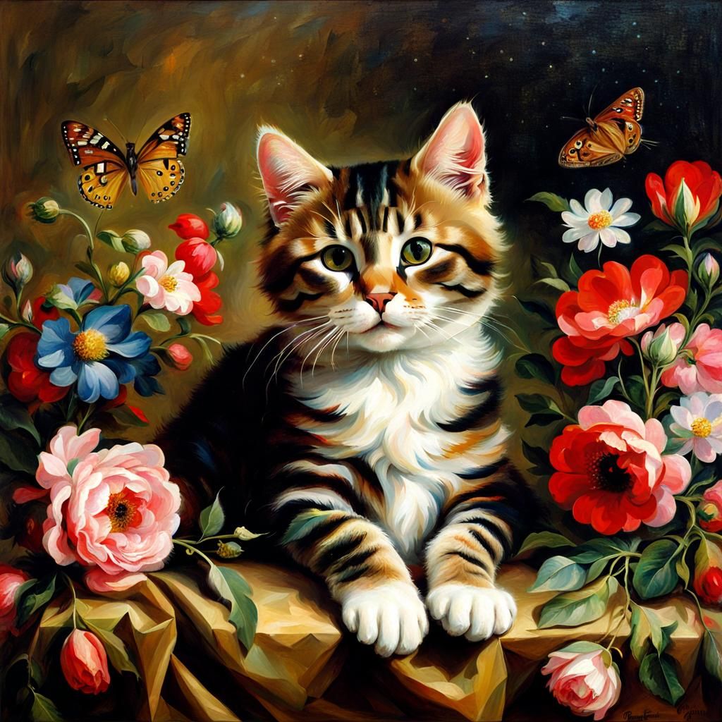 Cute Cat in Baroque Style with Flowers