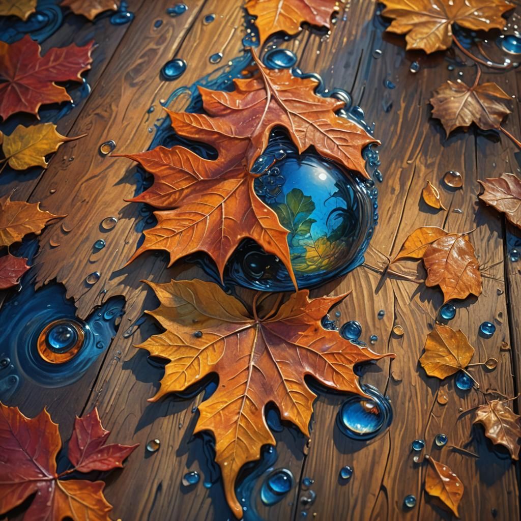 Water Drop on Autumn Leaf as Digital Matte Painting