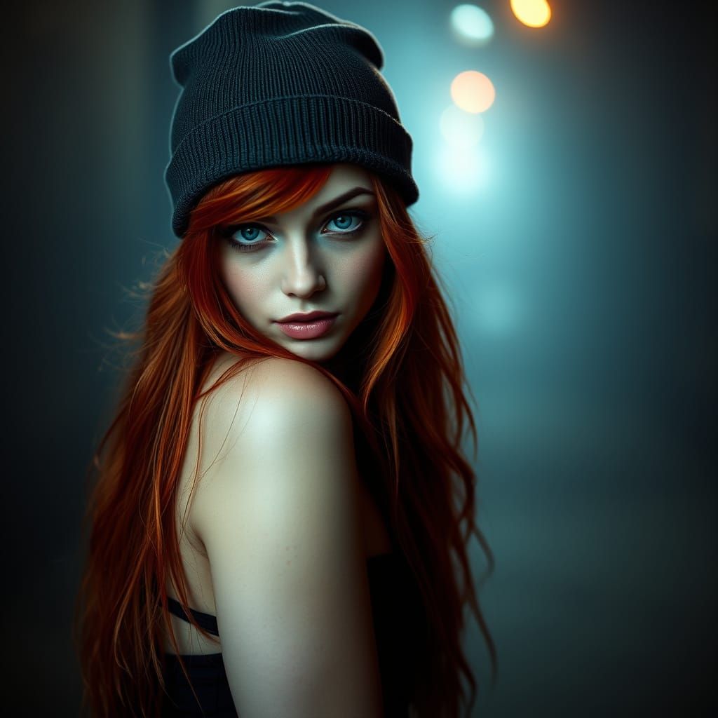 Edgy Woman in Cinematic Style with Red Hair and Piercing Blu...
