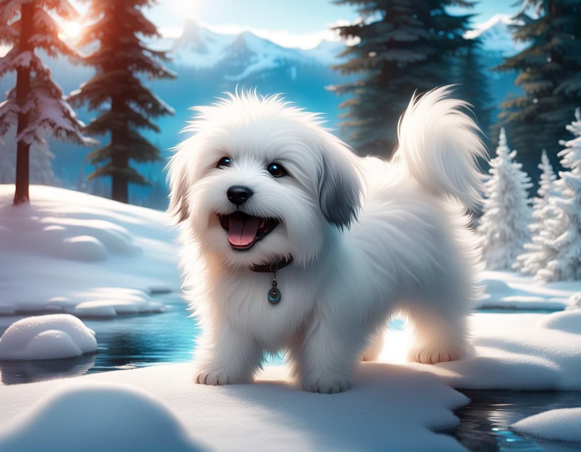 Smiling Coton de Tulear Puppy in Winter Landscape