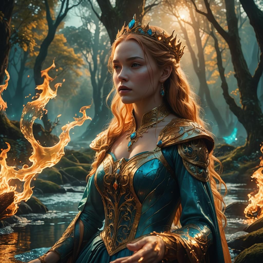 Fiery Princess in Mystic Forest, Digital Matte Painting