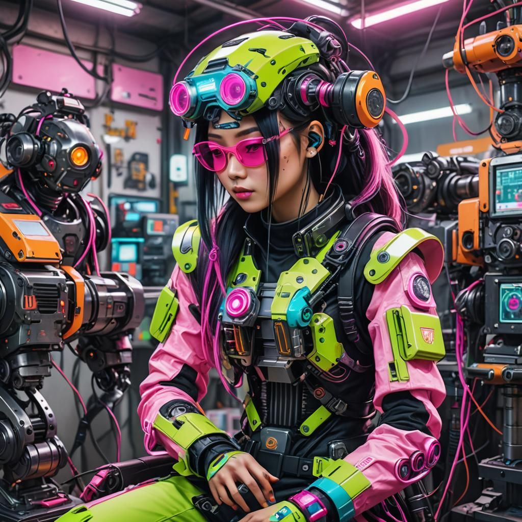 Asian Girl Repairs Robot in Aetherpunk Style